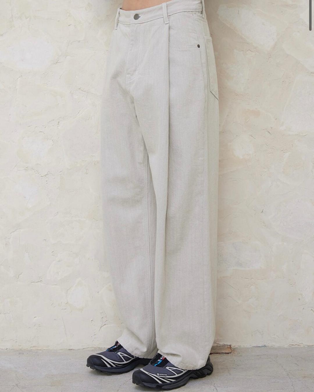 20.[begin2.0.2]One Tuck Wide Denim Pants [Beige x Grey] : 2